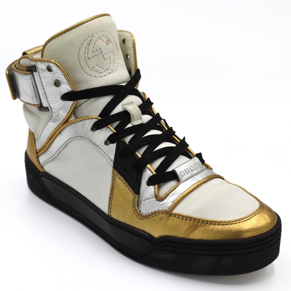 Gucci Metallic Gold Silver White Leather‎ High Top Sneakers 388015 Size 37.5 G